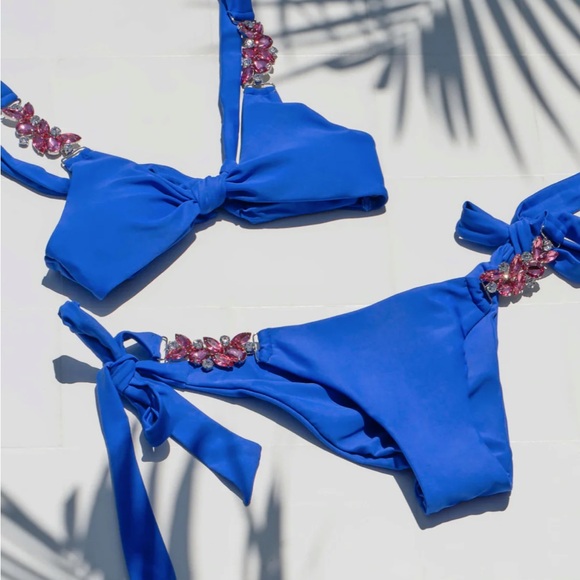 Blue Bikini with Pink Embellishments - Picture 1 of 3